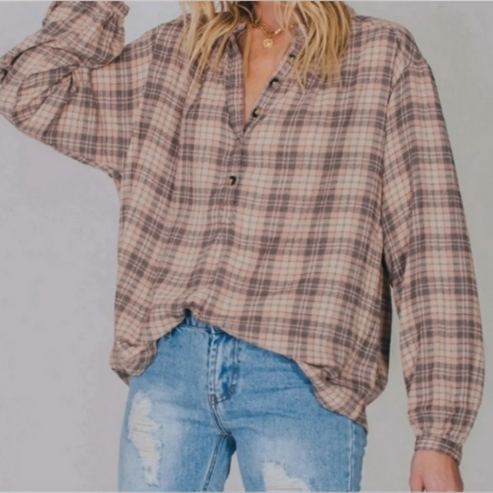 Free People Northern Bound Pullover in Beige Plaid Size XS